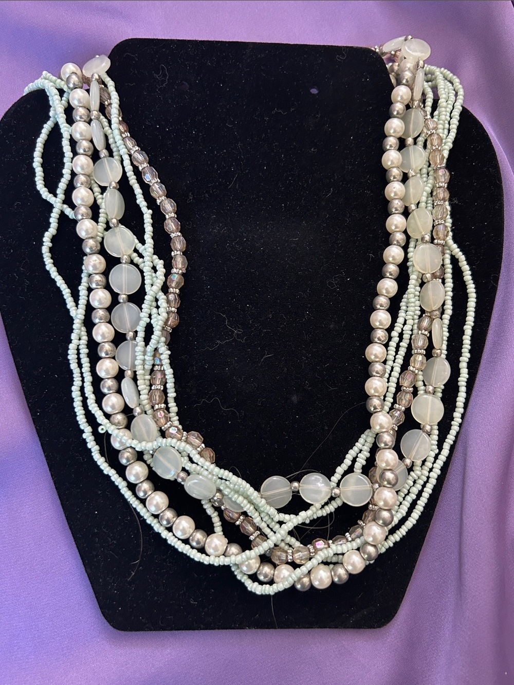 Multi-Strand Mint , faux pearl and Silver Beaded Necklace - Women Jewelry